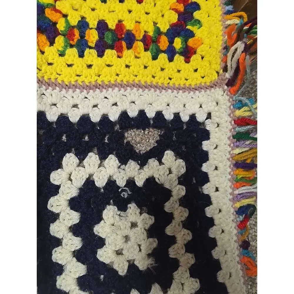 Vtg Handmade Multicolor‎ Crochet Granny Square Home Decor Afghan Blanket 80